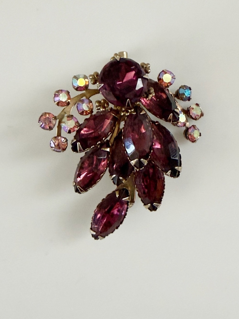 Vintage Purple Rhinestones Floral  Gold Tone Pin Brooch